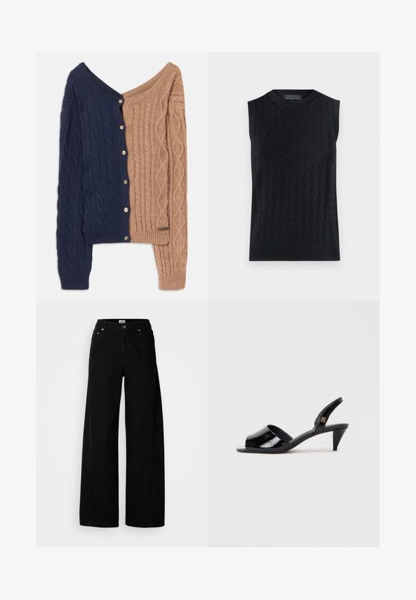 Cárdigan bicolor que presenta azul marino en un lado y marrón claro en el otro. Diseño de punto trenzado con botones a lo largo del lado azul marino.; Jersey negro sin mangas con un patrón de diamantes texturizado, con cuello y dobladillo acanalados, hecho de un material de punto suave.; Jeans de mezclilla negros de pierna ancha con cierre de botón, diseño de cinco bolsillos y acabado limpio. Fabricados con un tejido texturizado para mayor durabilidad.; Zapatos de tacón de charol negro tipo slingback con punta descubierta, que cuentan con un tacón delgado y un acento de marca en la tira.