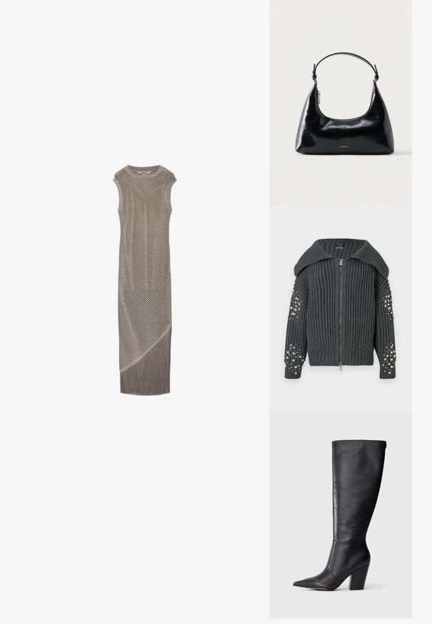 Dunkelgraue gerippte Strickjacke mit Reißverschluss, weitem Kragen und silbernen Paillettenverzierungen an den Ärmeln.; Ärmelloses langes beiges Strickkleid mit offenem Netzmuster und diagonalem Fransen-Detail am Saum.; Schwarze kniehohe Lederstiefel mit spitzem Zehen und klobigem hohen Absatz, von der linken Seitenansicht auf weißem Hintergrund gezeigt.; Schwarze, glänzende Calvin Klein Handtasche mit goldfarbenem Reißverschluss und kurzem Trageriemen vor schlichtem weißem Hintergrund.