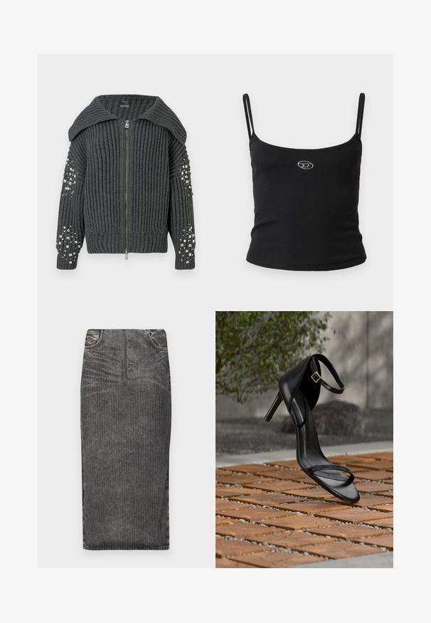 Dunkelgraue gerippte Strickjacke mit Reißverschluss, weitem Kragen und silbernen Paillettenverzierungen an den Ärmeln.; Schwarzes, geripptes Camisole-Oberteil mit dünnen Trägern und einem kleinen metallischen Logo in der Mitte. Der Stoff wirkt dehnbar und figurbetont.; Grauer Denim-Midi-Rock mit vertikalen Nadelstreifen, hoher Taillenbund, Fünf-Taschen-Design und einem sauberen Saum.; Schwarze Sandalette mit hohem Absatz und Knöchelriemen schwebt über einem Holzboden im Freien vor verschwommenem Grün und Steinhintergrund.
