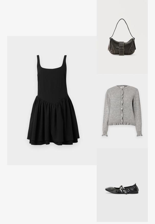 Cárdigan de punto gris con escote redondeado, tapeta de botones con bordes ondulados y puños con volantes. Presenta pequeños botones rosas y un dobladillo acanalado.; Vestido negro sin mangas con escote cuadrado, cuerpo ajustado y falda acampanada y fruncida; textura suave y color sólido.; Zapato plano de piel negra con puntera afilada, detalle fruncido alrededor de la abertura y un acento de hebilla plateada en la correa ajustable.; Bolso de hombro de cuero negro con detalle de correa con hebilla, bordes curvos y costuras blancas en contraste sobre un fondo liso.