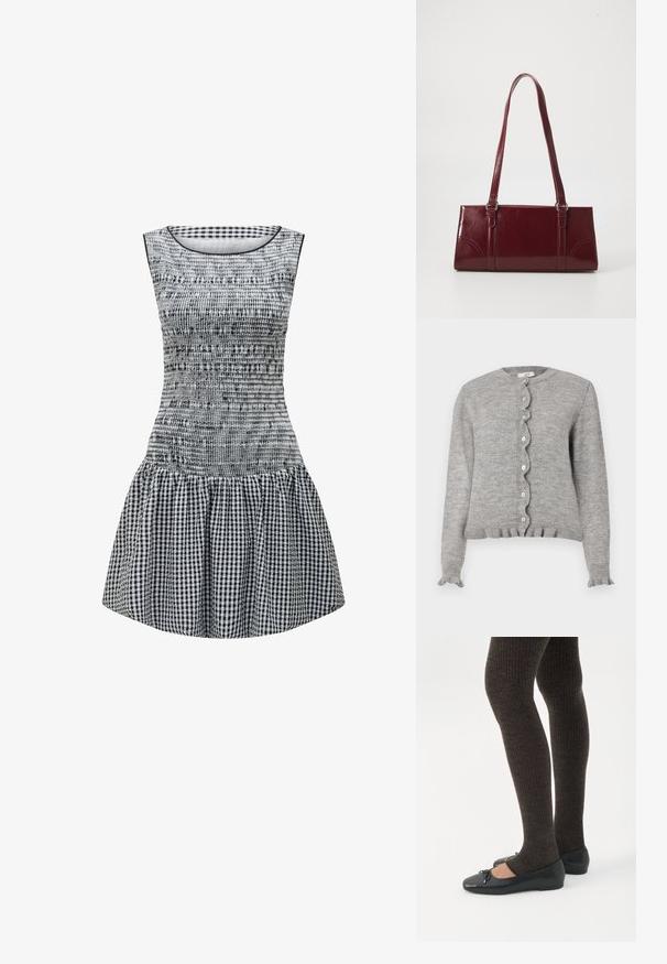 Grijze gebreide cardigan met een ronde halslijn, gekartelde knopenlijst en gerimpelde manchetten. Heeft kleine roze knopen en een ribgebreide zoom.; Zwart-wit geruite jurk met een aansluitend lijfje, smocktextuur en een uitlopende rok. Eenvoudige ronde halslijn en mouwloos ontwerp.; Benen met donkere geribbelde leggings gecombineerd met zwarte ballerina's met kleine strikdetails op een witte achtergrond.; Bourgondische handtas van glanzend materiaal, rechthoekige vorm, met twee schouderbanden en subtiele gebogen accenten aan de voorkant.