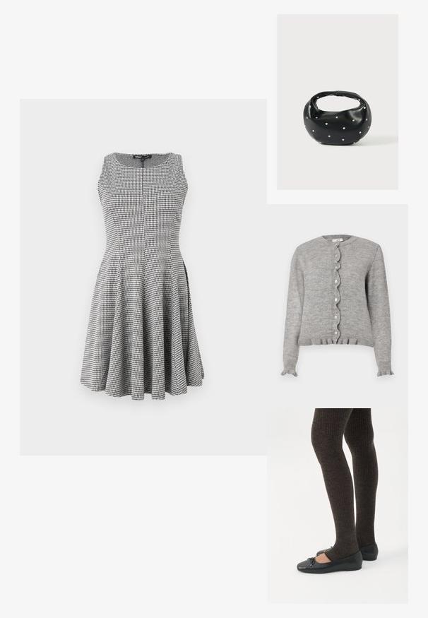 Cardigan gris en tricot avec un col rond, une patte de boutonnage à bords festonnés, et des poignets volantés. Il présente de petits boutons roses et un ourlet côtelé.; Robe sans manches à carreaux noir et blanc avec un corsage ajusté et une jupe évasée, texture lisse et détails de couture subtils.; Jambes portant des leggings côtelés foncés associés à des ballerines noires avec de petits détails en nœud sur fond blanc.; Sac à main en cuir noir de forme arrondie, décoré de clous argentés et équipé d'une poignée courte. Texture lisse et fermeture éclair.