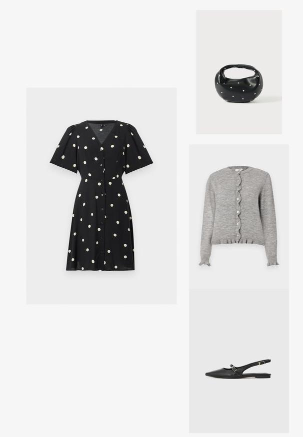 Graue Strickjacke mit runder Ausschnittkante, gewelltem Knopfverschluss und Rüschensaum. Mit kleinen rosa Knöpfen und geripptem Saum.; Schwarzes kurzärmeliges Kleid mit weißen Polka-Dots, V-Ausschnitt, Knopfleiste vorne und leicht ausgestelltem Rock.; Schwarze Slingback-Schuhe aus Leder mit spitzer Zehenpartie, schmalem Riemen und silberner Schnallenverzierung an der Seite. Flache Sohle.; Schwarze Lederhandtasche mit abgerundeter Form, verziert mit silbernen Nietenakzenten und kurzem Griff. Glatte Struktur und Reißverschlussverschluss.