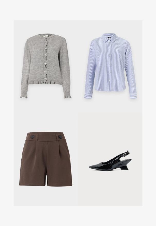 Grå strikket cardigan med rund halsudskæring, bølget knapstolpe og flæseærmer. Har små lyserøde knapper og ribbet kant.; Langærmet skjorte med knapper med hvide og lyseblå lodrette striber og en spids krave vist på en ensfarvet baggrund.; Brune shorts lavet af en struktureret stof med høj talje, plisseringer og to sorte knapper foran. Skræddersyet design med sidelommer.; Sort laklæder slingback sko med spids tå og lav vinklet blokhæl på ensartet lys baggrund.