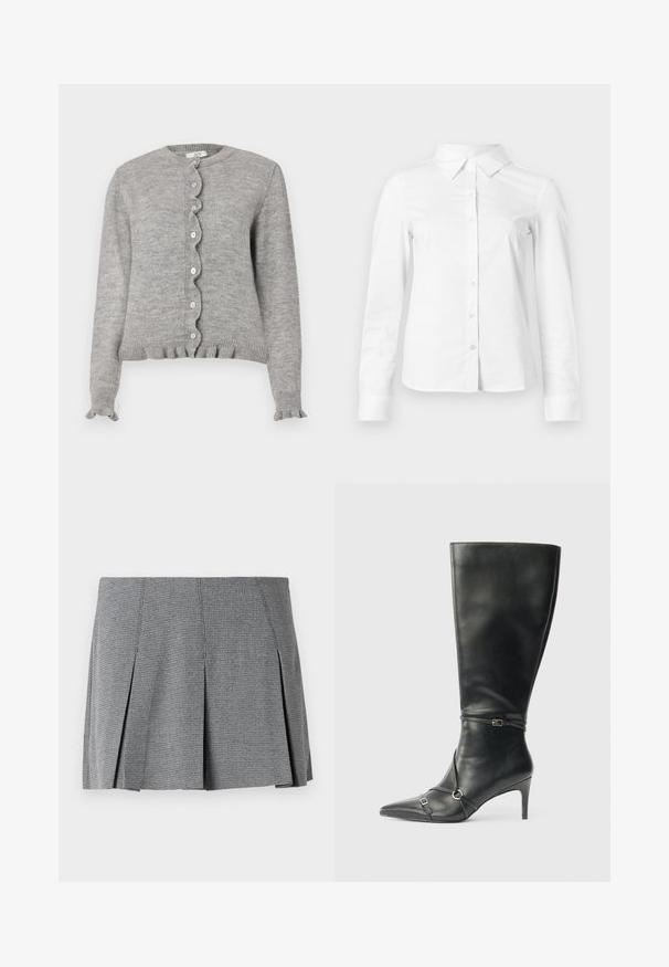 Grijze gebreide cardigan met een ronde halslijn, gekartelde knopenlijst en gerimpelde manchetten. Heeft kleine roze knopen en een ribgebreide zoom.; Witte blouse met lange mouwen en knopen, met puntige kraag, rechte zoom en aansluitende silhouet, weergegeven op een effen lichte achtergrond.; Grijze geplooide mini-jurk gemaakt van textuurstof, met een ruitpatroon en een rechte snit met splitdetails aan de zijkant.; Zwarte leren kniehoge laarzen met een slanke hak, puntige neus en banddetail bij de enkel. Gladde textuur en aansluitend ontwerp.