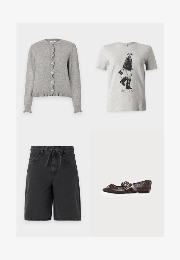 Graue Strickjacke mit runder Ausschnittkante, gewelltem Knopfverschluss und Rüschensaum. Mit kleinen rosa Knöpfen und geripptem Saum.; Hellgraues T-Shirt mit kurzen Ärmeln mit einer schwarzen Illustration einer Frau in Stiefeln und Jacke, die eine Tasche hält, und dem Text "Step out of style."; Schwarze Jeansshorts mit Gürtelschlaufen, Fronttaschen und einem gebundenen Kordelzug in der Taille, dargestellt vor einem schlichten Hintergrund.; Dunkelbrauner flacher Lederschuh mit spitzer Spitze, doppelten silbernen Schnallenriemen, Metallösen und dekorativer Schleife vorne.