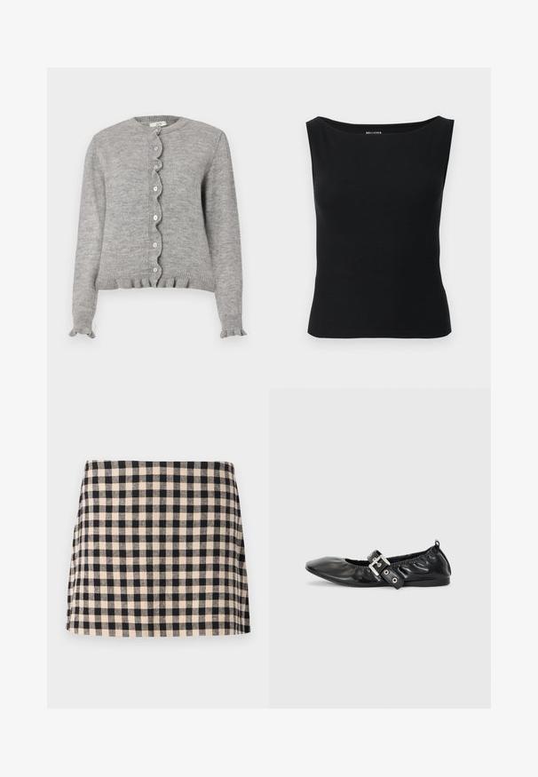 Hallide hall cardigan ümarate kaelustega, lainelise nööbiviiliga ja volangmanžettidega. Omab väikseid roosade nööpe ja soonikserva.; Mustast ribakangast varrukateta top, millel on lai kaelus ja keha järgiv lõige. Lihtne disain ilma mustrite või aksentideta.; Mustvalge ruuduline seelik sirge lõikega, millel on sile tekstuur ja hem, mis ulatub üle põlve. Ilma metalldetailide ja akendita.; Must musta lamega, millel on terav nina, kokkukogutud detailid avause ümber ja hõbedane pandla aktsent reguleeritaval rihmal.