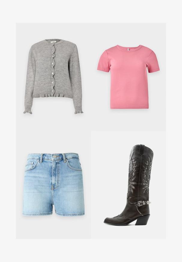 Grijze gebreide cardigan met een ronde halslijn, gekartelde knopenlijst en gerimpelde manchetten. Heeft kleine roze knopen en een ribgebreide zoom.; Korte mouwen roze geribbelde T-shirt gemaakt van zachte stof, met een ronde halslijn en een iets getailleerd ontwerp.; Lichtblauwe denimshorts met hoge taille, standaard vijf-pocket ontwerp en een franjeszoom met een iets vervaagd textuur.; Zwarte leren cowboylaars met decoratieve uitsnijdingen, zilveren gesp en schuine hak, weergegeven op een witte achtergrond.