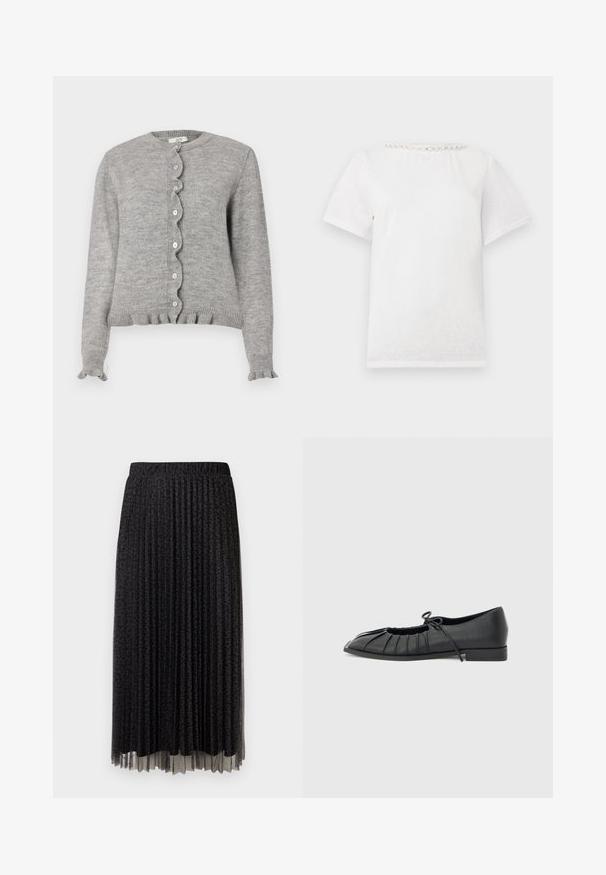 Grå strikket cardigan med rund halsudskæring, bølget knapstolpe og flæseærmer. Har små lyserøde knapper og ribbet kant.; Hvid t-shirt med korte ærmer og rund halsudskæring med en række dekorative perler langs kraven.; Sort plisseret midi-skjørt med en subtil leopardprint, elastisk talje og transparent tekstur ved kanten.; Sort flad sko med plisseret forstykke og bundet sløjfe på toppen, lav hæl og glat tekstur på en lysegrå baggrund.