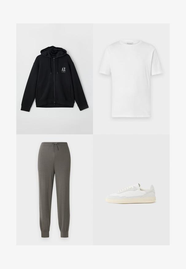 Schwarze Zip-Hoodie aus weichem Stoff, mit gefütterter Kapuze, zwei Fronttaschen und einem kleinen weißen Logo auf der linken Brust.; Weißes T-Shirt mit kurzen Ärmeln aus Baumwolle. Hat einen runden Halsausschnitt und einen geraden Saum. Keine Muster oder Verzierungen. Einfaches Design.; Grau Jogginghosen mit einem Kordelzugbund, schmal zulaufenden Bündchen, weichem Stoffgefühl und einem glatten, minimalistischen Design.; Weißer Sneaker mit strukturiertem Obermaterial aus Wildleder und Leder. Verfügt über eine runde Zehenpartie, Schnürverschluss und eine kontrastierende beige Gummisohle.