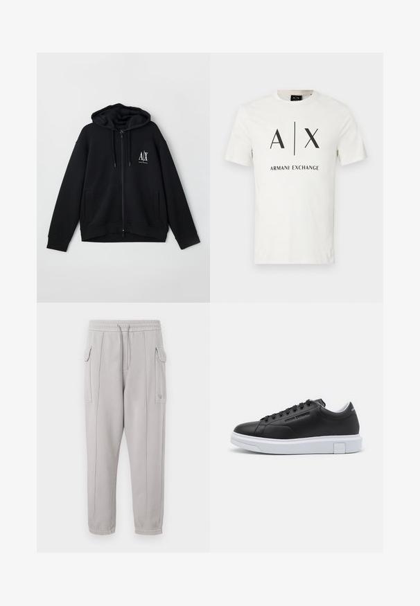 Schwarze Zip-Hoodie aus weichem Stoff, mit gefütterter Kapuze, zwei Fronttaschen und einem kleinen weißen Logo auf der linken Brust.; Weißes Baumwoll-T-Shirt mit kurzen Ärmeln, schwarzem "A|X"-Logo und dem Schriftzug "Armani Exchange" mittig auf der Vorderseite.; Graue Sweatpants mit elastischem Bund, Seitentaschen und vertikal gesteppten Details entlang der Beine. Aus Baumwollmischung gefertigt.; Schwarze Leder-Sneaker mit weißer Gummisohle, Schnürdesign und geprägtem Logo-Detail an der Seite. Rundliche Zehenform und glatte Textur.