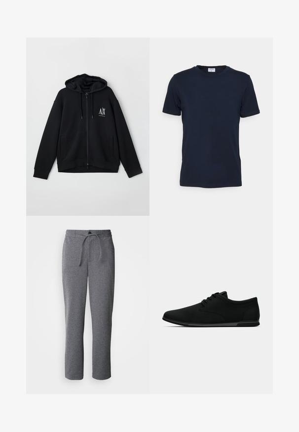 Schwarze Zip-Hoodie aus weichem Stoff, mit gefütterter Kapuze, zwei Fronttaschen und einem kleinen weißen Logo auf der linken Brust.; Navyblaues T-Shirt mit Rundhalsausschnitt aus weicher Baumwolle. Kurze Ärmel mit klassischer Passform, mit einem Etikett am Hals. Glatte Textur, minimalistisches Design.; Graue Jogginghosen aus weichem Material, mit einem Kordelzugbund, geraden Beinen und einem schlichten, unauffälligen Design.; Schwarzer, lässiger, niedrig geschnittener Schuh mit Schnürsenkeln, strukturiertem Stoff-Obermaterial und dünner Gummisohle, gezeigt im seitlichen Profil links auf weißem Hintergrund.