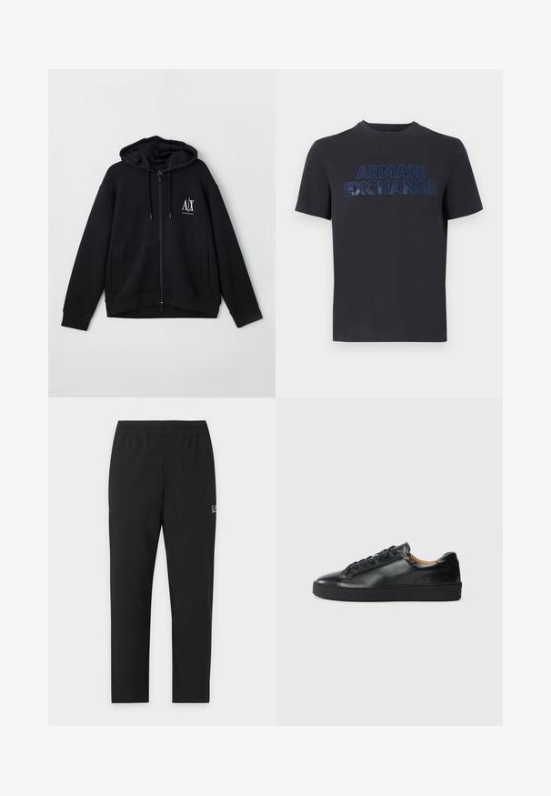 Schwarze Zip-Hoodie aus weichem Stoff, mit gefütterter Kapuze, zwei Fronttaschen und einem kleinen weißen Logo auf der linken Brust.; Schwarzes T-Shirt mit kurzen Ärmeln und dem Schriftzug "ARMANI EXCHANGE" in Blau, mittig auf der Brust gedruckt.; Schwarze zulaufende Sporthose mit elastischem Bund und kleinem weißen "EA7 Emporio Armani" Logo am oberen Oberschenkel.; Schwarze Leder-Sneaker mit glatter Textur, runder Zehenpartie und Schnürverschluss. Verfügt über eine dicke Gummisohle und minimalistische Marken-Details.