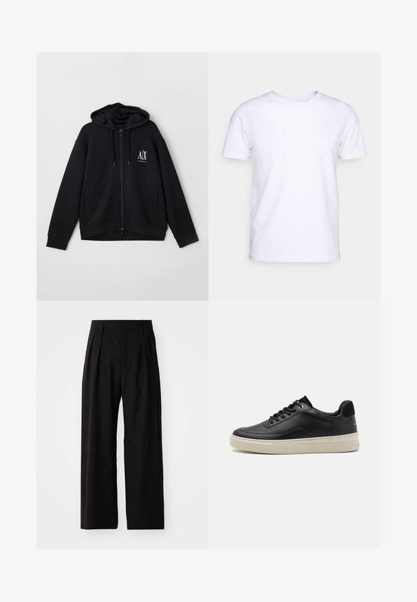 Schwarze Zip-Hoodie aus weichem Stoff, mit gefütterter Kapuze, zwei Fronttaschen und einem kleinen weißen Logo auf der linken Brust.; Weißes T-Shirt mit kurzen Ärmeln aus Baumwollstoff und rundem Halsausschnitt. Schlichtes Design ohne Muster oder Akzente. Glatte Textur.; Schwarze weit geschnittene Hose mit glatter Textur, zwei vorderen Falten, einem Knopfverschluss und seitlichen Taschen. Strapazierfähiger Stoff.; Schwarzer Ledersneaker mit niedrigem Profil, ausgestattet mit einer cremefarbenen Gummisohle, runder Zehe und Schnürdesign, akzentuiert mit einer Ferse aus schwarzem Wildleder.