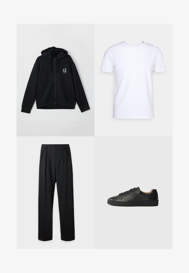 Schwarze Zip-Hoodie aus weichem Stoff, mit gefütterter Kapuze, zwei Fronttaschen und einem kleinen weißen Logo auf der linken Brust.; Weißes T-Shirt mit kurzen Ärmeln aus Baumwollstoff und rundem Halsausschnitt. Schlichtes Design ohne Muster oder Akzente. Glatte Textur.; Schwarze formelle Hose mit Bundfalten, Gürtelschlaufen und Knopfverschluss in der Taille, vor einem einfarbigen hellen Hintergrund dargestellt.; Schwarze, niedrig geschnittene Ledersneaker mit strukturierter Oberfläche, schwarzen Schnürsenkeln und dicker Gummisohle, seitlich auf einem hellen Hintergrund dargestellt.