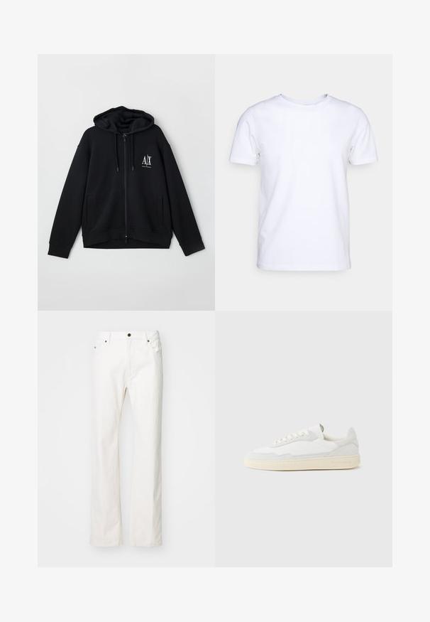 Zwarte zip-up hoodie van zacht materiaal, met een gevoerde capuchon, twee voorke pockets, en een klein wit logo op de linkerkant van de borst.; Witte katoenen t-shirt met korte mouwen en een ronde hals. Eenvoudig ontwerp zonder patronen of accenten. Glad textuur.; Witte denim jeans met een rechte pijp ontwerp, voorzien van vijf zakken, een metalen knoopsluiting en minimale stikseldetails.; Witte sneaker met een bovenwerk van gestructureerd suède en leer. Voorzien van een afgeronde neus, vetersluiting en een contrasterende beige rubberen zool.