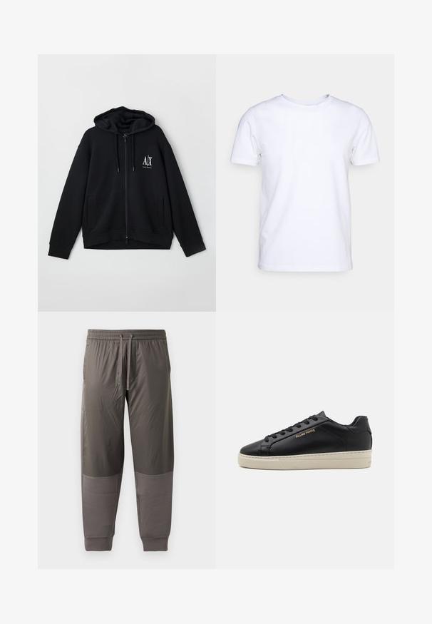 Must mustaga, mis on valmistatud pehmest kangast, voodriga kapuutsiga, kahe esistaskuga ja väikese valge logoga vasakul rinnal.; Valge lühikeste varrukatega t-särk puuvillaste kangast, ümmarguse kaelusega. Lihtne disain, ilma mustrite ja detailideta. Sile tekstuur.; Tumed hallid sportlikud püksid elastse vöökoha ja reguleeritava nööriga. Omavad siledat kangast ribakudumisega varrukates ja kontrastsetes paneelides.; Must have nahkased jalatsid sujuva viimistlusega, kontrastse kreemja talla, ümarate varvastega, kuldse logoga külgedel ja kuue silmaga nööride jaoks.