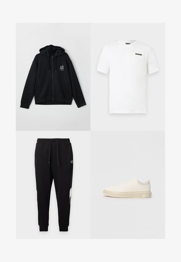 Sort lynlås hoodie lavet af blød stof, med en foret hætte, to forlommer og et lille hvidt logo på venstre bryst.; Hvid bomulds T-shirt med korte ærmer, rund hals og en lille sort logo-patch på venstre bryst. Glat tekstur, standard pasform.; Sorte joggerbukser med elastisk talje og snøre, der har sidelommer, manschetter ved anklerne og lille hvidt logo på øverste lår.; Hvide sneakers med en glat lærredsoverdel, flade snørebånd, polstret krave og en struktureret grå detalje bagpå. Kraftig gummisål.