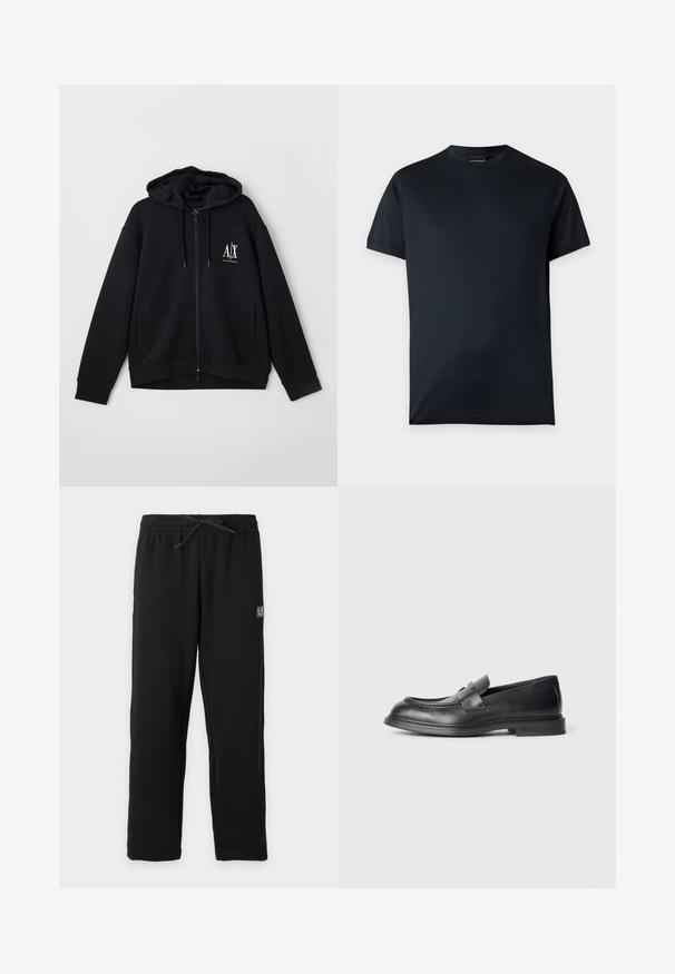 Schwarze Zip-Hoodie aus weichem Stoff, mit gefütterter Kapuze, zwei Fronttaschen und einem kleinen weißen Logo auf der linken Brust.; Schlichtes schwarzes T-Shirt mit kurzen Ärmeln und Rundhalsausschnitt mit kleinem Logo nahe dem Saum auf hellem grauem Hintergrund.; Schwarze Sweatpants mit elastischem Bund und Kordelzug, mit einem kleinen rechteckigen EA7-Logo auf dem oberen linken Oberschenkel.; Schwarze Lederloafer mit strukturierter Oberfläche, versehen mit einem dekorativen Frontriemen und einer abgerundeten Spitze. Gummisohle für Langlebigkeit.