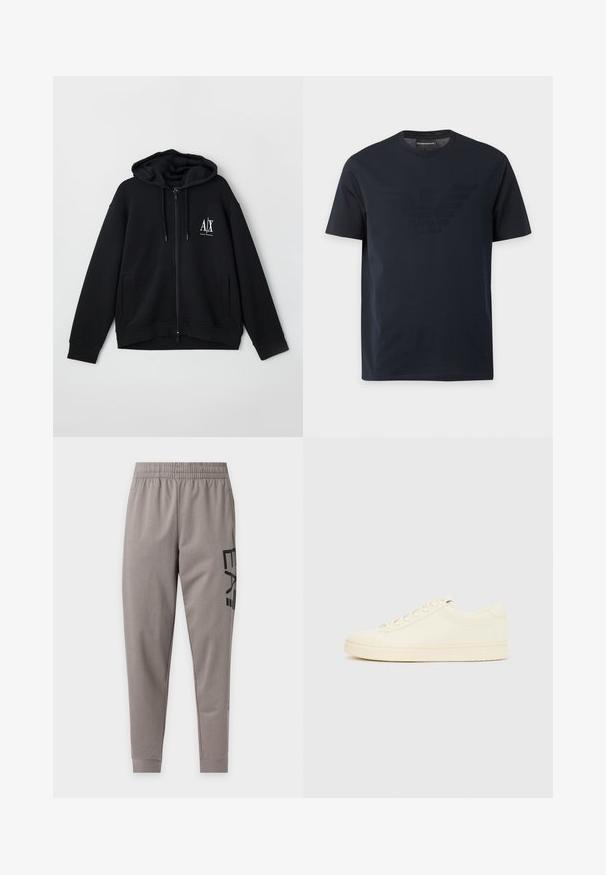 Zwarte zip-up hoodie van zacht materiaal, met een gevoerde capuchon, twee voorke pockets, en een klein wit logo op de linkerkant van de borst.; Zwart T-shirt met korte mouwen en ronde hals, met een subtiel reliëf adelaarlogo op de borst en een merklapje binnenin de kraag.; Lichtgrijze taps toelopende joggingbroek met elastische tailleband en zwarte "E A7" tekst verticaal gedrukt op de rechterdij.; Slofkleurige sneaker met een glad leren bovenwerk, ronde neus, vetersluiting en een geribbelde rubberen zool. Minimalistisch ontwerp, zonder logo's.