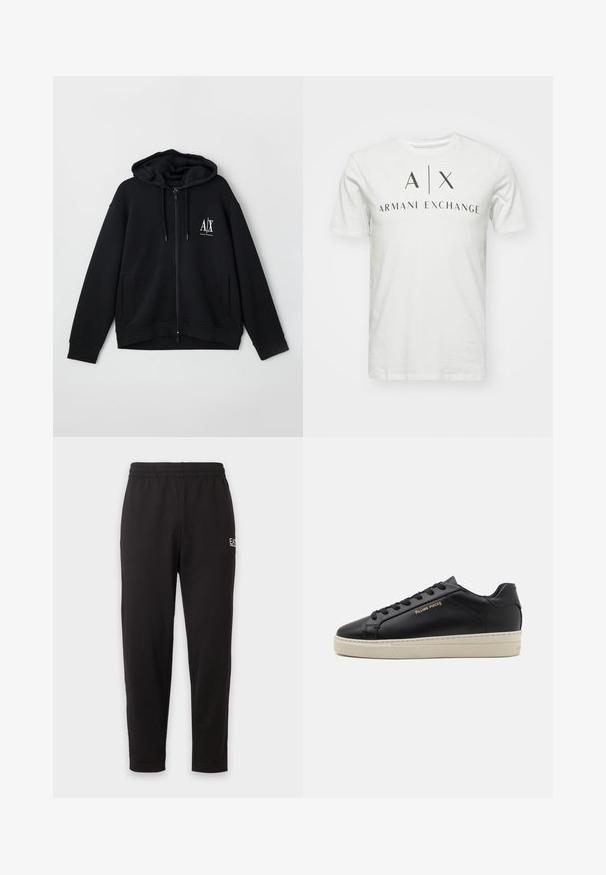 Schwarze Zip-Hoodie aus weichem Stoff, mit gefütterter Kapuze, zwei Fronttaschen und einem kleinen weißen Logo auf der linken Brust.; Weißes Baumwoll-T-Shirt mit einem schwarzen, gedruckten Logo "A|X ARMANI EXCHANGE", das zentriert auf der Brust platziert ist. Rundhalsausschnitt, kurze Ärmel.; Schwarze elastische Jogginghose mit zulaufenden Beinen und einem kleinen weißen Logo am oberen linken Oberschenkel.; Schwarze Leder-Sneaker mit glatter Oberfläche, kontrastierender cremefarbener Sohle, abgerundeter Spitze, goldfarbenem Logo an der Seite und sechs Ösen für die Schnürsenkel.