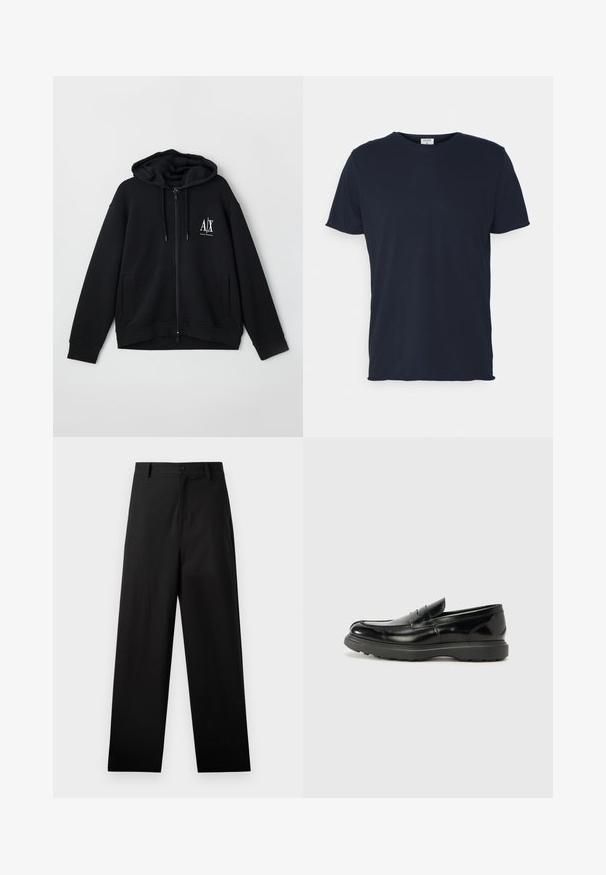 Schwarze Zip-Hoodie aus weichem Stoff, mit gefütterter Kapuze, zwei Fronttaschen und einem kleinen weißen Logo auf der linken Brust.; Marineblaue Baumwoll-T-Shirt mit Rundhalsausschnitt und kurzen Ärmeln, mit einer glatten Oberfläche und einfachem Design, ohne sichtbare Muster oder Akzente.; Schwarze Baumwollhosen mit geradem Bein, ausgestattet mit einem vorderen Knopfverschluss und Seiten Taschen. Glatte Textur, keine Muster.; Schwarze Lederloafer mit glanzendem Finish, abgerundetem Zehenbereich, subtilen Steppnähten und einer dicken Gummisohle für Langlebigkeit.