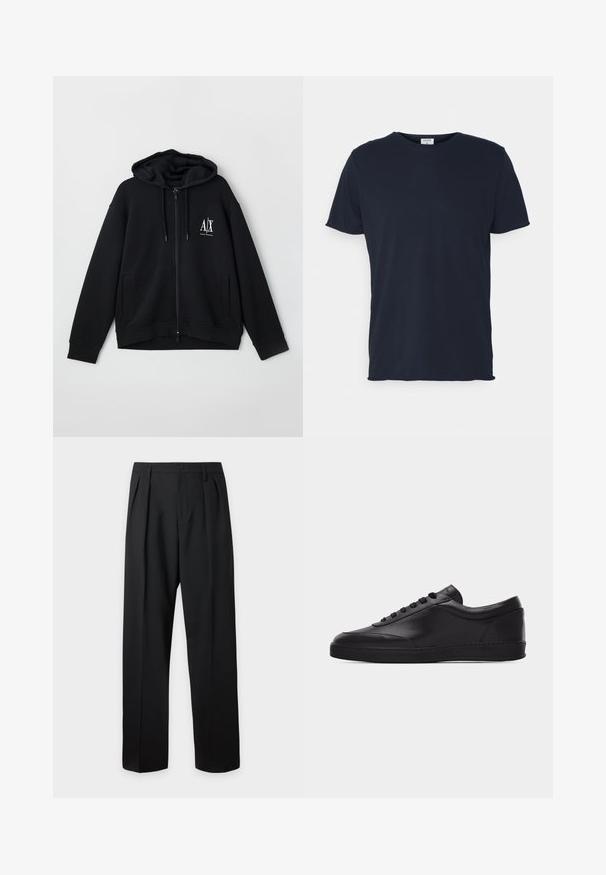 Hoodie noir zippé fabriqué dans un tissu doux, doté d'une capuche doublée, de deux poches avant et d'un petit logo blanc sur la poitrine gauche.; T-shirt en coton bleu marine avec un col rond et des manches courtes, présentant une texture lisse et un design simple, sans motifs ni accents visibles.; Pantalon formel noir avec plis, passants de ceinture et fermeture par bouton à la taille, présenté sur un fond clair uni.; Baskets basses en cuir noir avec lacets sur le devant et semelle en caoutchouc plate, vues de côté sur un fond blanc uni.