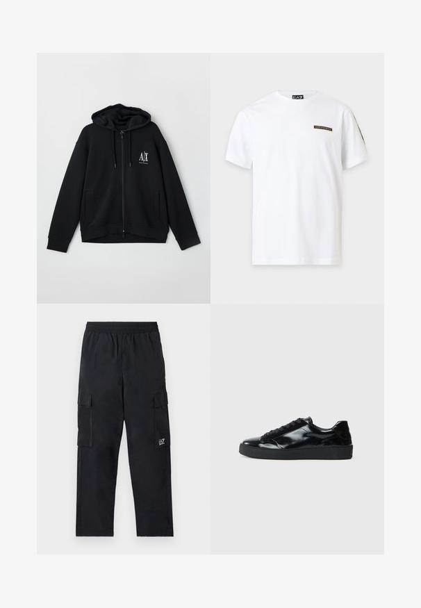 Schwarze Zip-Hoodie aus weichem Stoff, mit gefütterter Kapuze, zwei Fronttaschen und einem kleinen weißen Logo auf der linken Brust.; Weißes kurzärmeliges T-Shirt mit einem kleinen EA7 Emporio Armani Logo-Patch auf der linken Brust und einem Markenetikett innen am Kragen.; Schwarze Cargo-Hosen mit einem elastischen Bund, Seitentaschen und einem kleinen Logo am linken Bein. Hergestellt aus leichtem, glattem Stoff.; Schwarze Lackledersneaker mit runder Zehenform, Schnürdesign, strukturiertem Gummisohle und glatter Oberfläche.