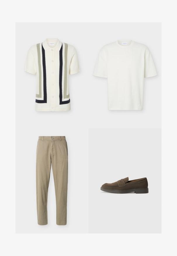 Kortærmet hvid strikket cardigan med creme-, oliven- og sorte geometriske lodrette striber og knapper foran, med klassisk krave.; Hvid tekstureret T-shirt med korte ærmer og rund hals med en almindelig pasform og et lille mærke indeni kraven.; Beige bomuldsbukser med lige ben, bæltestropper, forreste knap og lynlås, vist mod en ensfarvet hvid baggrund.; Brune ruskinds loafers med en rund tå, en rem over forfoden og en flad gummisål. Enkel design med rene linjer og minimal dekoration.