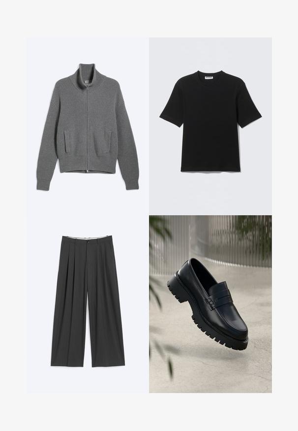 Cárdigan gris de punto con cremallera, cuello alto y dos bolsillos delanteros, colocado plano sobre un fondo blanco.; Camiseta negra de manga corta con cuello redondo y etiqueta "WEEKDAY" en el interior del cuello, mostrada plana sobre un fondo claro.; Pantalones de pierna ancha gris oscuro con finas rayas, pinzas delanteras, trabillas para cinturón y cierre con botón, extendidos sobre un fondo claro.; Mocasines de cuero negro con suela gruesa, que presentan una correa decorativa y detalles de costura. Textura suave con un acabado pulido.