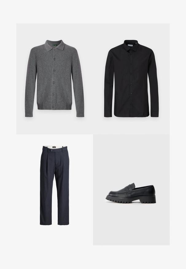 Grå strikket cardigan med krave, knaplukning foran og ribstrikkede manchetter og kant. Fremstillet af blødt, tekstureret materiale.; Sorte langærmede skjorte med klassisk krave, lavet af glat stof, med frontknapper og en almindelig pasform.; Formelle marineblå bukser med nålestriber, bælteholdere, frontplisseringer og knaplukning i taljen.; Sorte læder loafers med en rund tå, prydet med en dekorativ rem og en kraftig gummisål med dybe riller for grip.