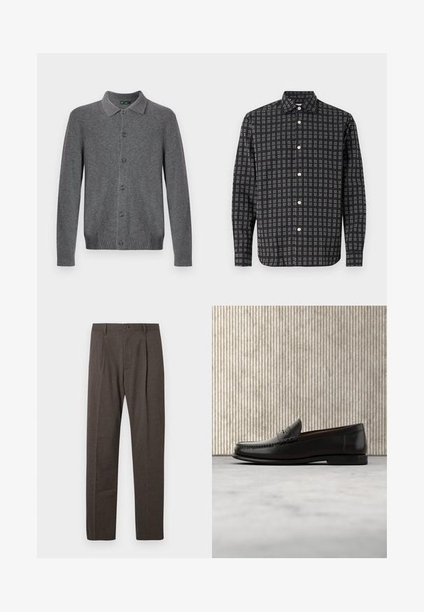 Grijze gebreide cardigan met een kraag, knoopsluiting aan de voorkant en geribbelde manchetten en zoom. Gemaakt van zacht, gestructureerd materiaal.; Zwarte lange mouwen button-up shirt met een wit geruit patroon en witte knopen, plat weergegeven op een witte achtergrond.; Bruine op maat gemaakte broeken met voorplooien, riemlussen en een enkele knoopsluiting bij de taille tegen een witte achtergrond.; Zwarte leren penny loafer met lage hak, afgeronde neus en gestikte details langs de voorkant en zijkanten, afgebeeld op een neutrale achtergrond.