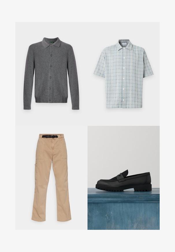 Grijze gebreide cardigan met een kraag, knoopsluiting aan de voorkant en geribbelde manchetten en zoom. Gemaakt van zacht, gestructureerd materiaal.; Korte mouwen overhemd met knopen en een blauw-wit ruitpatroon, spreidkraag en witte knopen aan de voorkant.; Beige cargobroek met rechtete benen, lussen voor een riem en een zwarte riem. Bevat twee grote zijzakken en stikseldetails. Gemaakt van katoen.; Zwarte leren instapschoen met een textuuraccent van stof, een stevige rubberen zool en een gladde afwerking. Voorzien van subtiele stikseldetails.