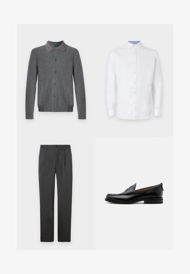 Grijze gebreide cardigan met een kraag, knoopsluiting aan de voorkant en geribbelde manchetten en zoom. Gemaakt van zacht, gestructureerd materiaal.; Witte blouse met lange mouwen en knoopsluiting, voorzien van een lichtblauw geruit patroon aan de binnenkant van de kraag en manchetten. Glad textuur van de stof.; Grijze op maat gemaakte broek met een rechte pijp, voorzien van een voorplooien, ritssluiting en knoopsluiting. Glad textuur, klassiek ontwerp.; Zwarte leren herensloffen met moc toe stiksel, pennyriem, gestructureerde kraag en lage gestapelde hak op witte achtergrond.