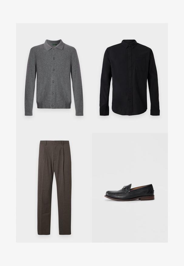 Grå strikket cardigan med krave, knaplukning foran og ribstrikkede manchetter og kant. Fremstillet af blødt, tekstureret materiale.; Sort langærmet skjorte med knapper, knappet krave og en enkelt brystlomme på en ensartet lys baggrund.; Brune skræddersyede bukser med frontfolder, bæltestropper og en enkelt knaplukning i taljen mod en hvid baggrund.; Sorte læder loafers med rund tå, dekorativ hardware på forsiden og en kontrasterende brun sål. Glat tekstur og slip-on design.