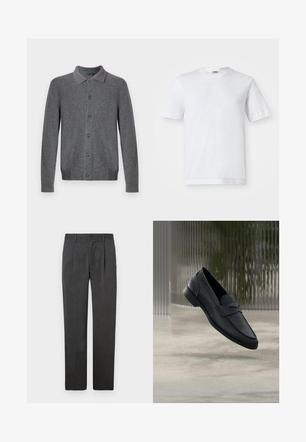 Grijze gebreide cardigan met een kraag, knoopsluiting aan de voorkant en geribbelde manchetten en zoom. Gemaakt van zacht, gestructureerd materiaal.; Witte katoenen t-shirt met korte mouwen, ronde hals en een soepele textuur. Geen patronen of accenten zichtbaar.; Grijze op maat gemaakte broek met een rechte pijp, voorzien van een voorplooien, ritssluiting en knoopsluiting. Glad textuur, klassiek ontwerp.; Zwarte leren loafer met een gladde afwerking, puntige neus en gestikte details over de wreef. Lage hak en minimalistisch ontwerp.