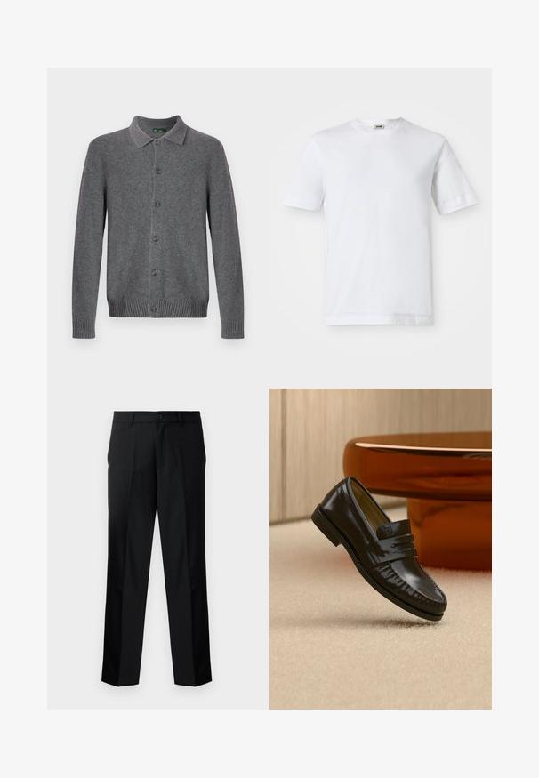 Grijze gebreide cardigan met een kraag, knoopsluiting aan de voorkant en geribbelde manchetten en zoom. Gemaakt van zacht, gestructureerd materiaal.; Witte katoenen t-shirt met korte mouwen, ronde hals en een soepele textuur. Geen patronen of accenten zichtbaar.; Zwarte op maat gemaakte broek met een rechte snit, voorzien van een knoopsluiting, ritssluiting en riemlussen. Glad stof met zijzakken.; Glanzende zwarte leren loafer met een banddetail, geplaatst op een beige tapijt naast een ronde bruine salontafel in een zacht verlichte kamer.