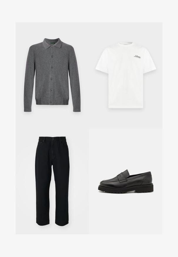 Grå strikket cardigan med krave, knaplukning foran og ribstrikkede manchetter og kant. Fremstillet af blødt, tekstureret materiale.; Hvid T-shirt med korte ærmer og rund hals med lille sort tekst, der lyder "Chair's MID CENTURY MODERN" på øverste venstre bryst.; Sorte denim jeans med lige snit, letvægts stof, fem-lomme design og en knaplukning i taljen.; Sort læder loafersko med rund tå, syningsdetaljer og en tyk, struktureret sål. Har et elegant, minimalistisk design.