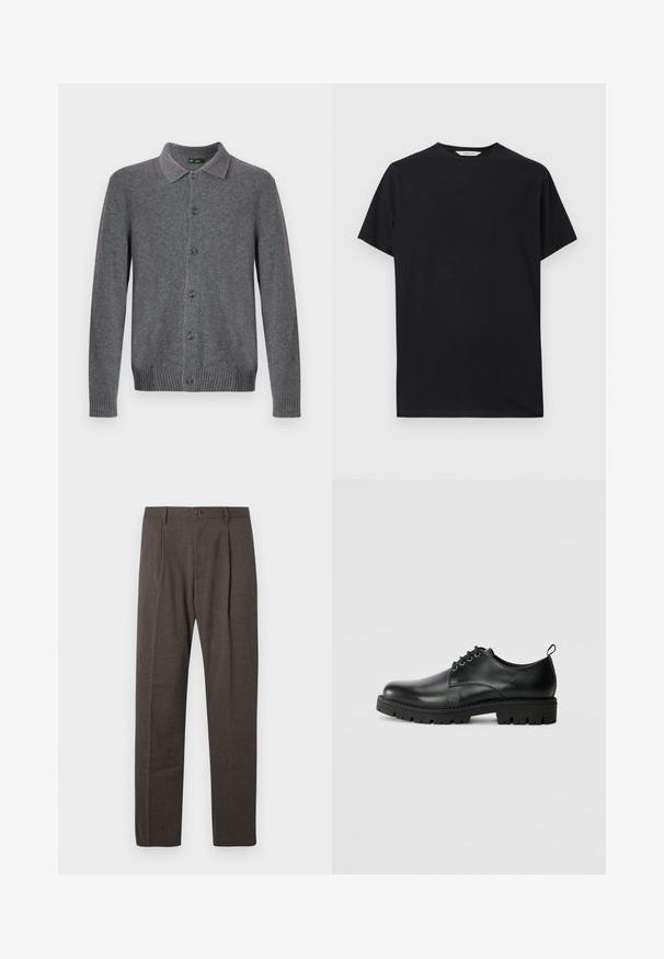 Grijze gebreide cardigan met een kraag, knoopsluiting aan de voorkant en geribbelde manchetten en zoom. Gemaakt van zacht, gestructureerd materiaal.; Zwarte t-shirt met korte mouwen van zacht katoen. Ronde hals met een relaxte pasvorm, voorzien van nette, eenvoudige lijnen en geen zichtbare patronen.; Bruine op maat gemaakte broeken met voorplooien, riemlussen en een enkele knoopsluiting bij de taille tegen een witte achtergrond.; Zwarte lederen schoen met een ronde neus, voorzien van een vetersluiting, stevige zwarte rubberen zool en een klein hieltabje aan de achterkant.