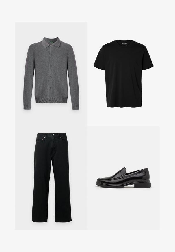 Grijze gebreide cardigan met een kraag, knoopsluiting aan de voorkant en geribbelde manchetten en zoom. Gemaakt van zacht, gestructureerd materiaal.; Effen zwarte korte mouwen t-shirt met ronde hals in mannenmodel, zonder zichtbare patronen of logo's aan de voorkant.; Zwarte denim jeans met een recht pasvorm, vijf-pocketdesign, metalen studs en knoopsluiting. De stof heeft een zachte textuur met minimale vervaging.; Zwarte leren instappers met een afgeronde neus, voorzien van een gestikte detail over de wreef, en een lage blokhak. Glad textuur en glanzende afwerking.