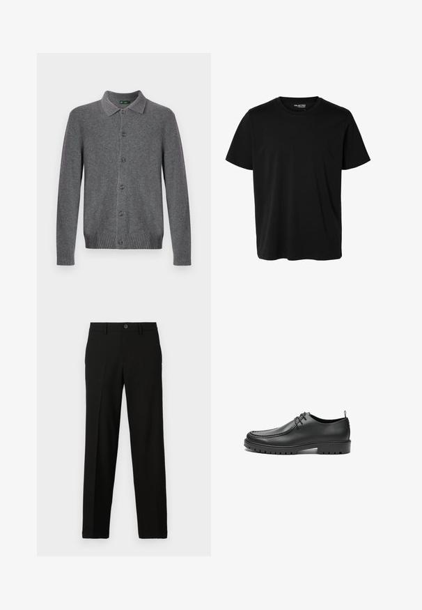 Grijze gebreide cardigan met een kraag, knoopsluiting aan de voorkant en geribbelde manchetten en zoom. Gemaakt van zacht, gestructureerd materiaal.; Effen zwarte korte mouwen t-shirt met ronde hals in mannenmodel, zonder zichtbare patronen of logo's aan de voorkant.; Zwarte broek van gladde stof, met een rechte snit, een knoopsluiting aan de taille en geen zichtbare patronen of accenten.; Zwarte lederen schoenen met een gladde afwerking, ronde neus en decoratieve stiksels. Beschikt over een rubberen zool met tractiegrepen en een vetersluiting.