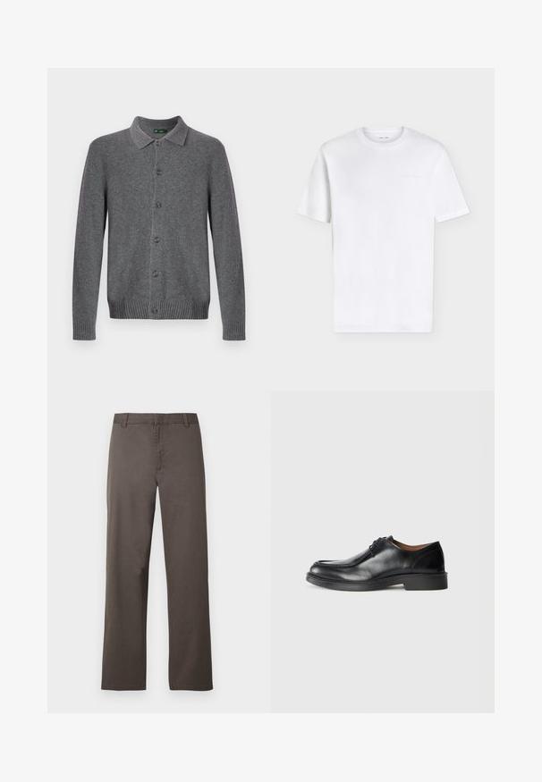 Grijze gebreide cardigan met een kraag, knoopsluiting aan de voorkant en geribbelde manchetten en zoom. Gemaakt van zacht, gestructureerd materiaal.; Effen wit T-shirt met korte mouwen en ronde hals met een subtiel geperst logo op de bovenste linker borst, weergegeven op een witte achtergrond.; Bruine katoenen broek met een rechte pijp, voorzien van riemlussen en een gladde textuur. Geen zichtbare patronen of metalen details.; Zwarte leren dresschoenen met een ronde neus, een gladde afwerking, veters en een lage, gestructureerde rubberen zool. Strakke lijnen en een minimalistisch ontwerp.