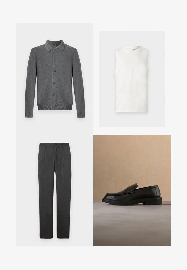 Grå strikket cardigan med krave, knaplukning foran og ribstrikkede manchetter og kant. Fremstillet af blødt, tekstureret materiale.; Hvid ærmeløs tanktop med rund halsudskæring med en lille GAP-logo på indersiden af kraven bagtil, fladt lagt på en lys baggrund.; Grå skræddersyede bukser med lige ben, der har en frontfold, lynlås og knaplukning. Glat tekstur, klassisk design.; Sort læderloafer svæver over et beige flettet tæppe med et rundt træbord og en sofa i baggrunden.