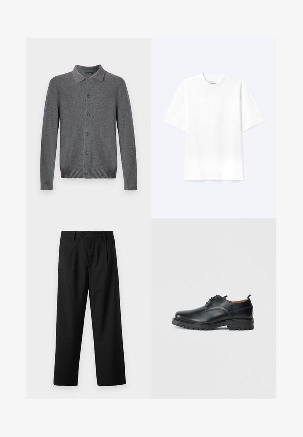Grijze gebreide cardigan met een kraag, knoopsluiting aan de voorkant en geribbelde manchetten en zoom. Gemaakt van zacht, gestructureerd materiaal.; Effen witte T-shirt met korte mouwen en ronde hals, met een losse pasvorm, weergegeven op een lichte achtergrond.; Zwarte broek met een rechte snit, voorzien van een enkele knoopsluiting, twee voorzakken en een gladde, lichte stoftextuur.; Zwarte leren derby schoenen met een gladde textuur, ronde neus, vetersluiting en een dikke, robuuste rubberen zool.