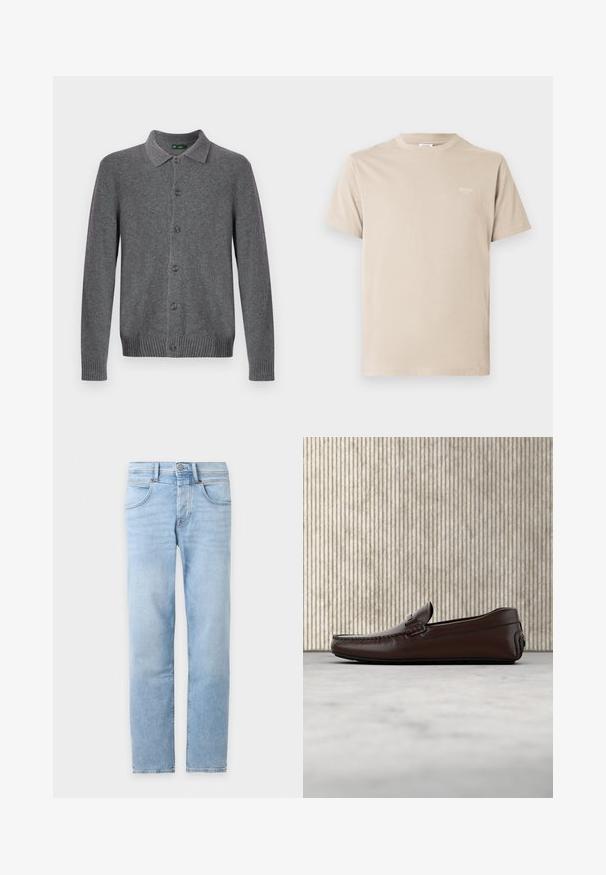 Grijze gebreide cardigan met een kraag, knoopsluiting aan de voorkant en geribbelde manchetten en zoom. Gemaakt van zacht, gestructureerd materiaal.; Beige katoenen T-shirt met een ronde hals en korte mouwen. Voorzien van een klein wit logo op de linkerborst, gladde textuur.; Lichtblauwe rechtvallende spijkerbroek met voorzakken, riemlussen en een knoopsluiting op een witte achtergrond.; Bruine lederen instappers met een gladde afwerking, moccasin-stijl stiksels, een verhoogde neus en een lage, flexibele rubberen zool.