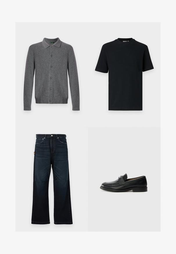 Grijze gebreide cardigan met een kraag, knoopsluiting aan de voorkant en geribbelde manchetten en zoom. Gemaakt van zacht, gestructureerd materiaal.; Zwart, geribd, gebreid T-shirt met korte mouwen en ronde hals, met een klein zichtbaar label aan de binnenkant van de kraag.; Donkerblauwe broek met rechte pijpen, klassieke vijf-pocket ontwerp, riemlussen en subtiele vervaging bij de voorkant en knieën.; Zwarte lederen instappers met een gladde afwerking, voorzien van een gestructureerde bovenband, lage hak en minimale stiksel-details.