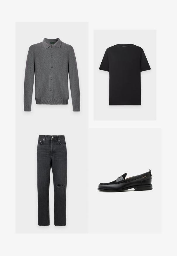 Grijze gebreide cardigan met een kraag, knoopsluiting aan de voorkant en geribbelde manchetten en zoom. Gemaakt van zacht, gestructureerd materiaal.; Zwarte T-shirt met korte mouwen en ronde hals met een effen ontwerp, plat weergegeven op een lichtgrijze achtergrond.; Zwarte denim jeans met een rechte pijp, voorzien van een gescheurde knie, vijf zakken en metalen hardware bij de taille en zakken.; Zwarte leren loafer met grijs riemdetailelement, lage hak en gestructureerde zool, aan de zijkant gebrandmerkt met "HUGO" in goud.