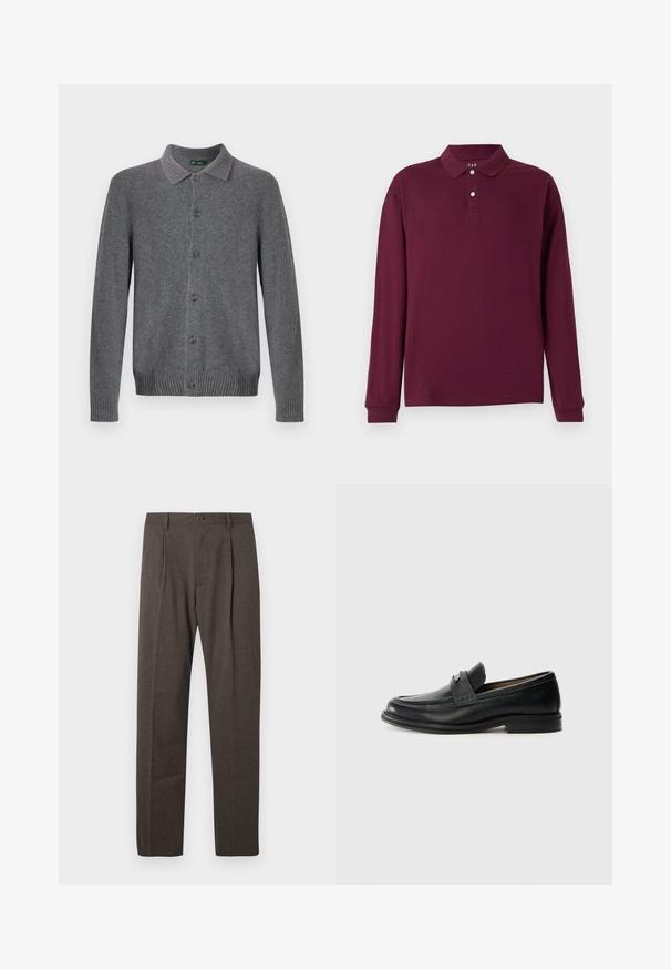 Grijze gebreide cardigan met een kraag, knoopsluiting aan de voorkant en geribbelde manchetten en zoom. Gemaakt van zacht, gestructureerd materiaal.; Bordeauxlangenmouw polo shirt, gemaakt van katoen, met een klassieke kraag, een placket met drie knopen en geribde manchetten. Soepele textuur.; Bruine op maat gemaakte broeken met voorplooien, riemlussen en een enkele knoopsluiting bij de taille tegen een witte achtergrond.; Zwarte lederen instappers met een gladde afwerking, voorzien van een gestructureerde bovenband, lage hak en minimale stiksel-details.
