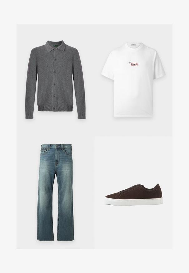 Grå strikket cardigan med krave, knaplukning foran og ribstrikkede manchetter og kant. Fremstillet af blødt, tekstureret materiale.; Hvid T-shirt med korte ærmer med lille "REPLAY®" logo i sort og rød omrids og to sorte glimmerikoner på brystet.; Lysblå denim jeans med lige ben, let falmet, fem lommer og bæltestropper. Har stikninger som accent og knaplukning.; Mørkebrune ruskind lave sneakers med matchende snørebånd og tyk hvid gummisål, vist fra siden på en ensfarvet baggrund.