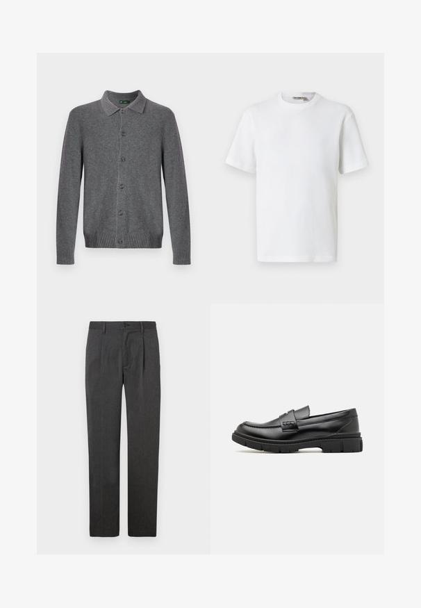 Grå strikket cardigan med krave, knaplukning foran og ribstrikkede manchetter og kant. Fremstillet af blødt, tekstureret materiale.; Hvid kortærmet t-shirt i vaffelmønster med rund hals og et lille mærke med brandnavn inde i kraven, vist på en ensfarvet baggrund.; Grå skræddersyede bukser med lige ben, der har en frontfold, lynlås og knaplukning. Glat tekstur, klassisk design.; Sort læder loafersko med en bred rem over forfoden, gummisål med tykke mønstre og glat overflade. Klassisk, slankt design.